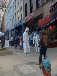 Stormtrooper and Yeti at the Vault of Midnight Comics shop on Free Comic Book Day